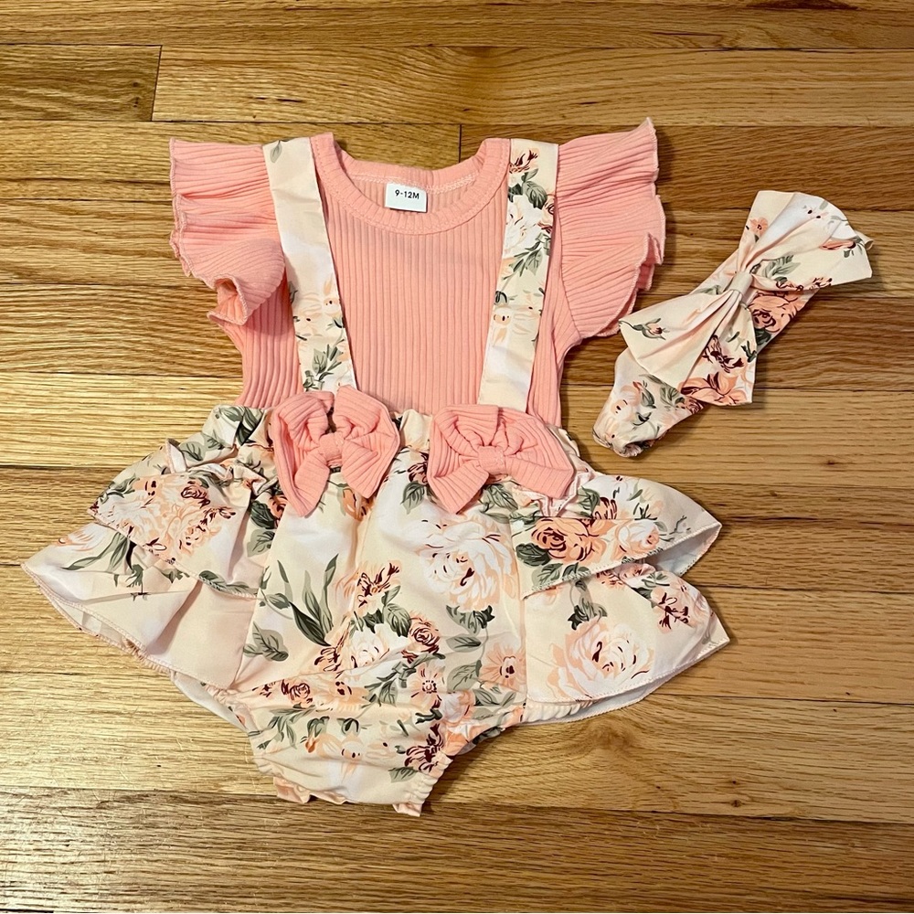 Pink floral onesie and bow set